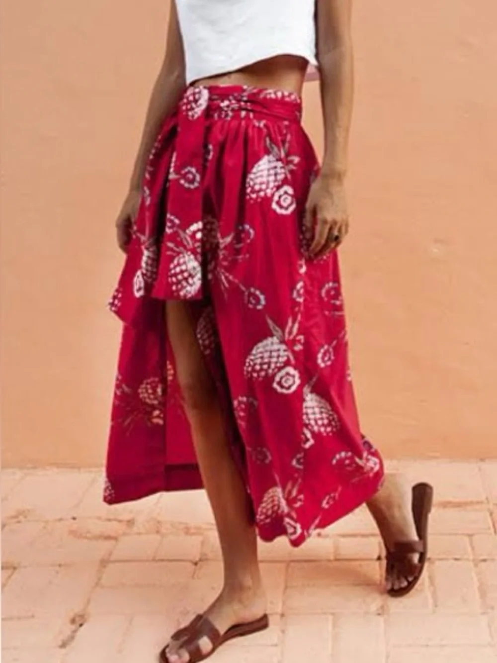 Posse Zina Pineapple Midi Wrap Skirt Red XS Limited Edition 100% Cotton Resort